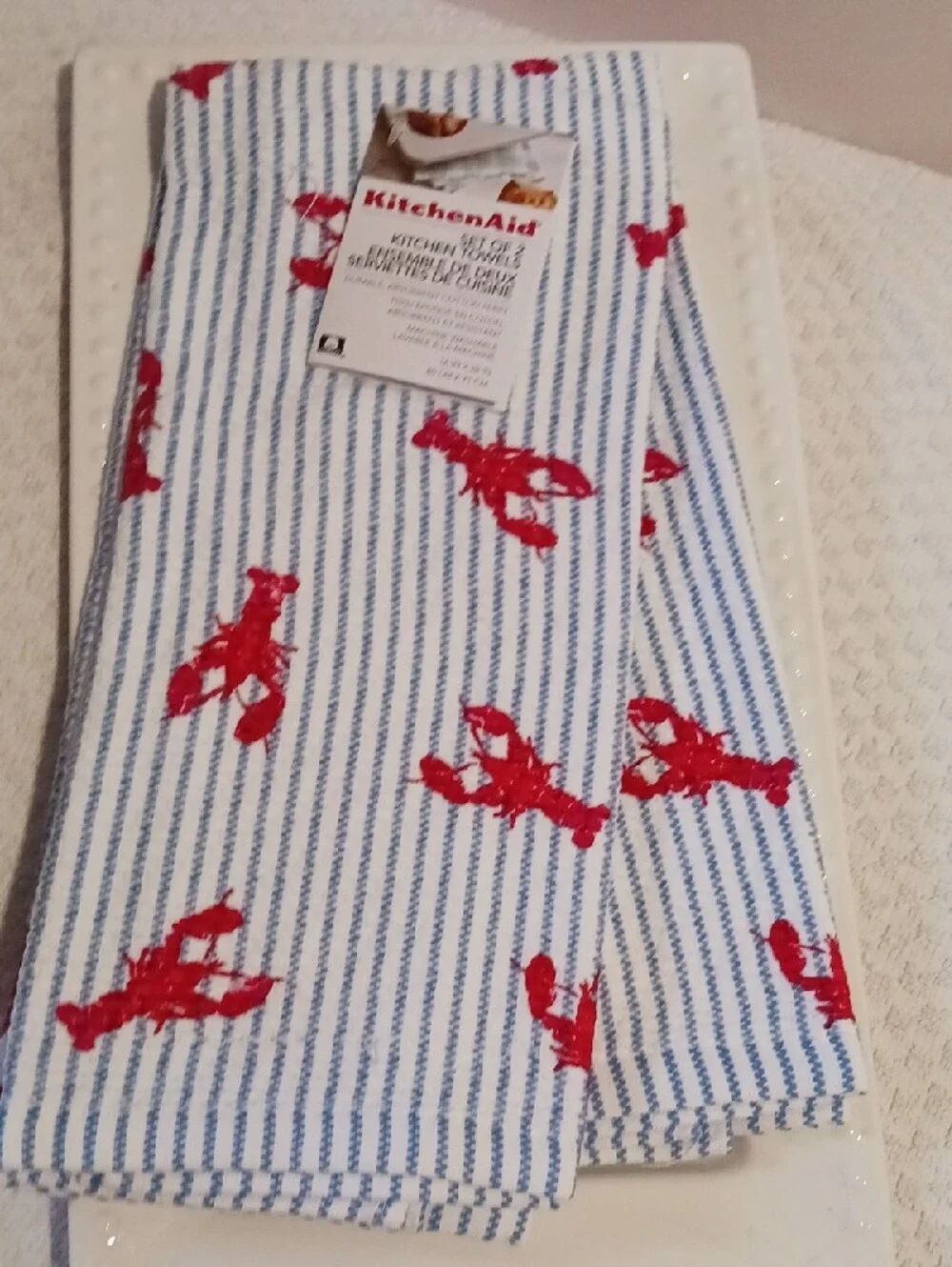 KitchenAid Blue & White Striped Kitchen Towels with Red Lobster Print 🦞